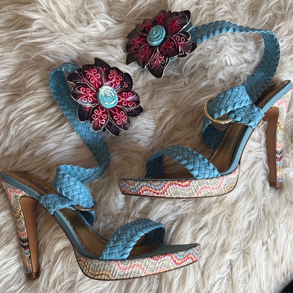 Blue Braided Women's Heels with Floral Accents